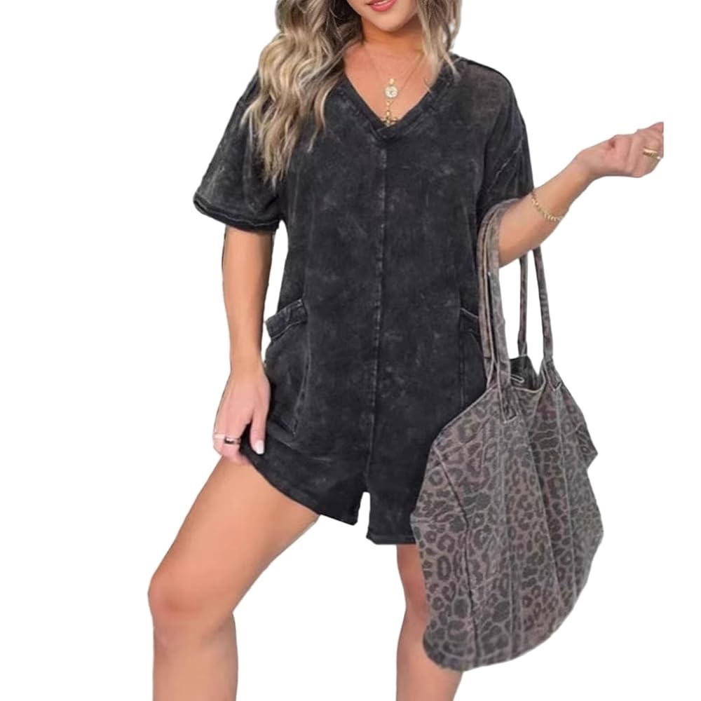 Black washed cotton v neck Romper